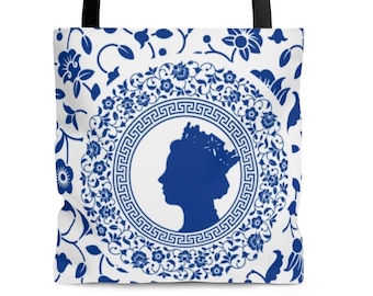 Queen Elizabeth II Silhouette - Pattern - Teacup - Queen of Hearts AOP Tote Bag
