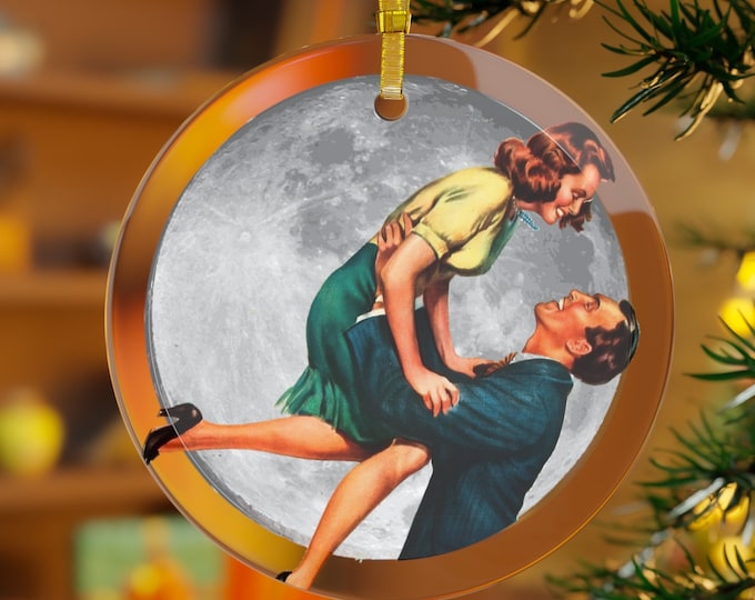 It's A Wonderful Life - Lasso the Moon - Jimmy Stewart - Vintage Feel - Classic Movie - Christmas TeeGlass Ornament