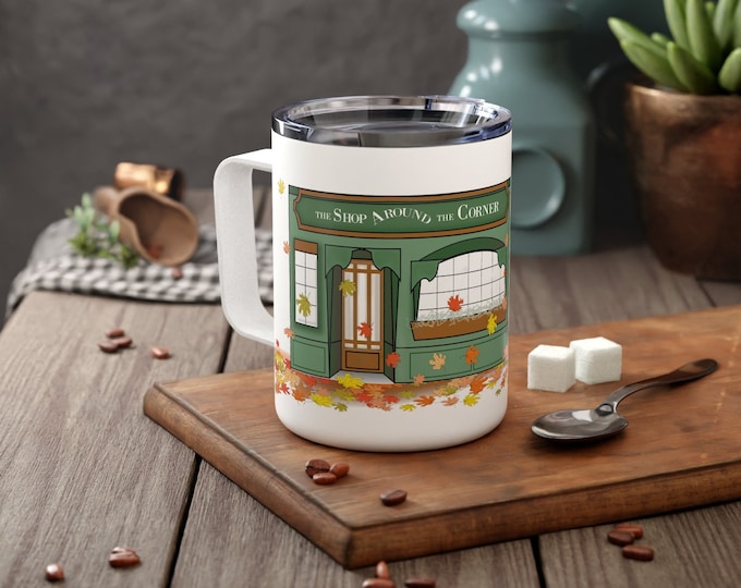 The Shop Around the Corner - Bookstore Drawing - You've Got Mail - Meg Ryan Insulated Coffee Mug, 10oz