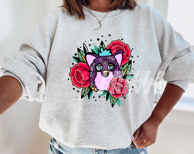 90's Nostalgic Furby Tattoo Minimalist Crew Y2K Vintage Unisex Heavy Blend Crewneck Sweatshirt