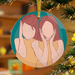 Sisters? We&#39;re Like, Twins! Parent Trap, Hallie and Annie, Minimalist Drawing, Vintage Feel Glass Ornament
