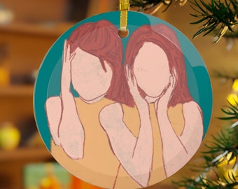 Sisters? We're Like, Twins! Parent Trap, Hallie and Annie, Minimalist Drawing, Vintage Feel Glass Ornament