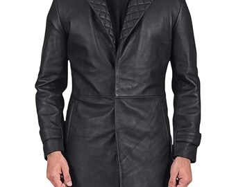 Gabardina de cuero negro hecha a mano para hombre - Abrigo urbano vintage