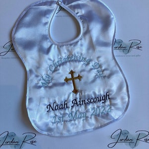 Embroidered satin christening bib