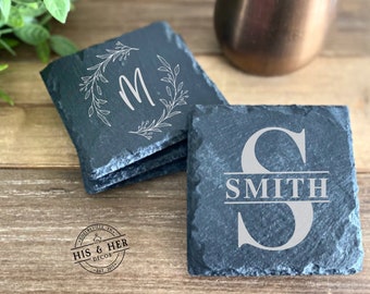 Set of 4 Slate Drink Coasters | Engraved Coasters | Custom Wedding Gift | Personalized Housewarming Gift Set | Monogram Stone Coasters