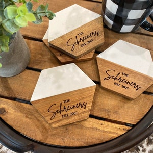 Set of 4 Custom Marble Wood Coasters | Personalized Gifts | New Home Housewarming Gifts | Wedding and Bridal Gifts | Engraved Coasters