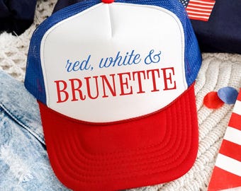 Red White & Brunette Trucker Hat, Woman Otto Trucker Hat, Patriotic Hat, USA Hats for 4th of July, Preppy Bow American Flag Hat
