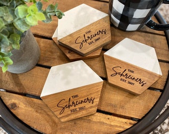 Set of 4 Custom Marble Wood Coasters | Personalized Gifts | New Home Housewarming Gifts | Wedding and Bridal Gifts | Engraved Coasters