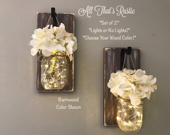 Barnwood Mason Jar Sconces, Mason Jar Sconces, Sconces, Lighted Mason Jars, Hanging Sconce, Rustic Home Decor, Wall Decor, Rustic Wall Decor