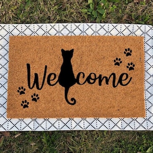 Sitting Cat Welcome Mat | Housewarming Gift | Black Cat Doormat | Funny Doormat | Funny Gift | Welcome Mat | Cat Lover Gifts | Door Mat
