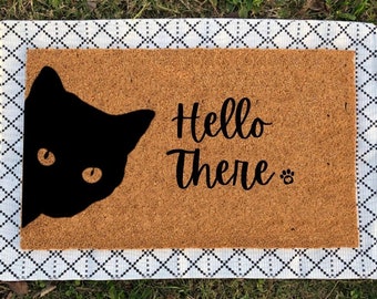 Black Cat Hello Doormat | Cute Peeking Cat Doormat | Housewarming Gift | Welcome Mat | Funny Door Mat | Closing Gift | Cat Doormat | Bombay