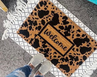 Boho Cow Print Doormat | Boho Decor | Cow Print | Boho Rug | Welcome Front Door Mat | Outdoor Porch Decor | Welcome Doormat | Home Gifts