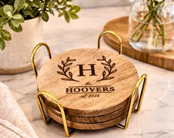 Juego de posavasos para parejas, regalo de boda personalizado, juego de 4 posavasos de madera, posavasos a medida, regalo de compromiso, aniversario o Navidad para ella.
