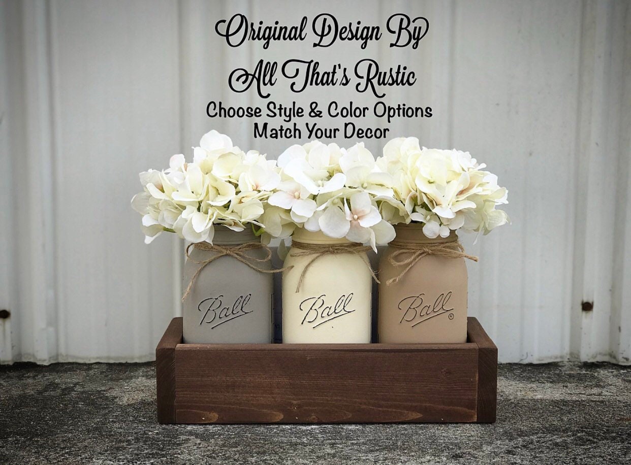 Neutral Toned Mason Jar Centerpiece, Mason Jar Decor, Rustic Decor, M…