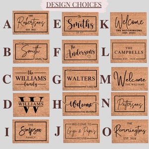 May include: A collage of 15 different doormat designs with various family names and welcome messages. The doormats are all brown and have a textured surface. The text on the doormats is in black.