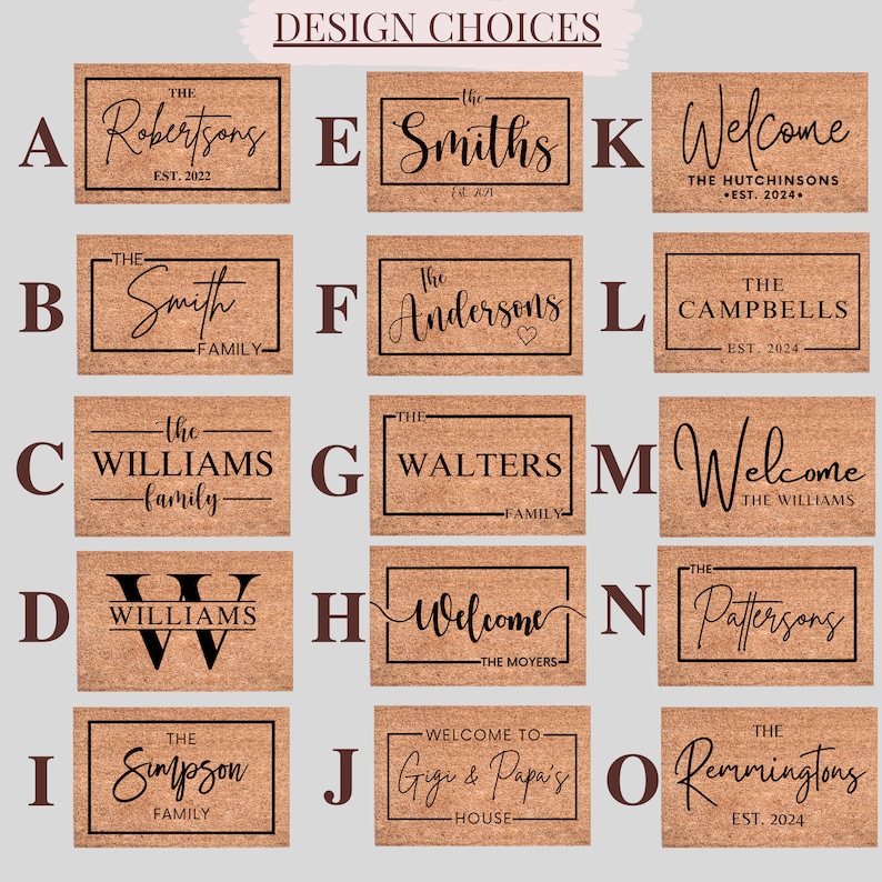 May include: A collage of 15 different doormat designs with various family names and welcome messages. The doormats are all brown and have a textured surface. The text on the doormats is in black.