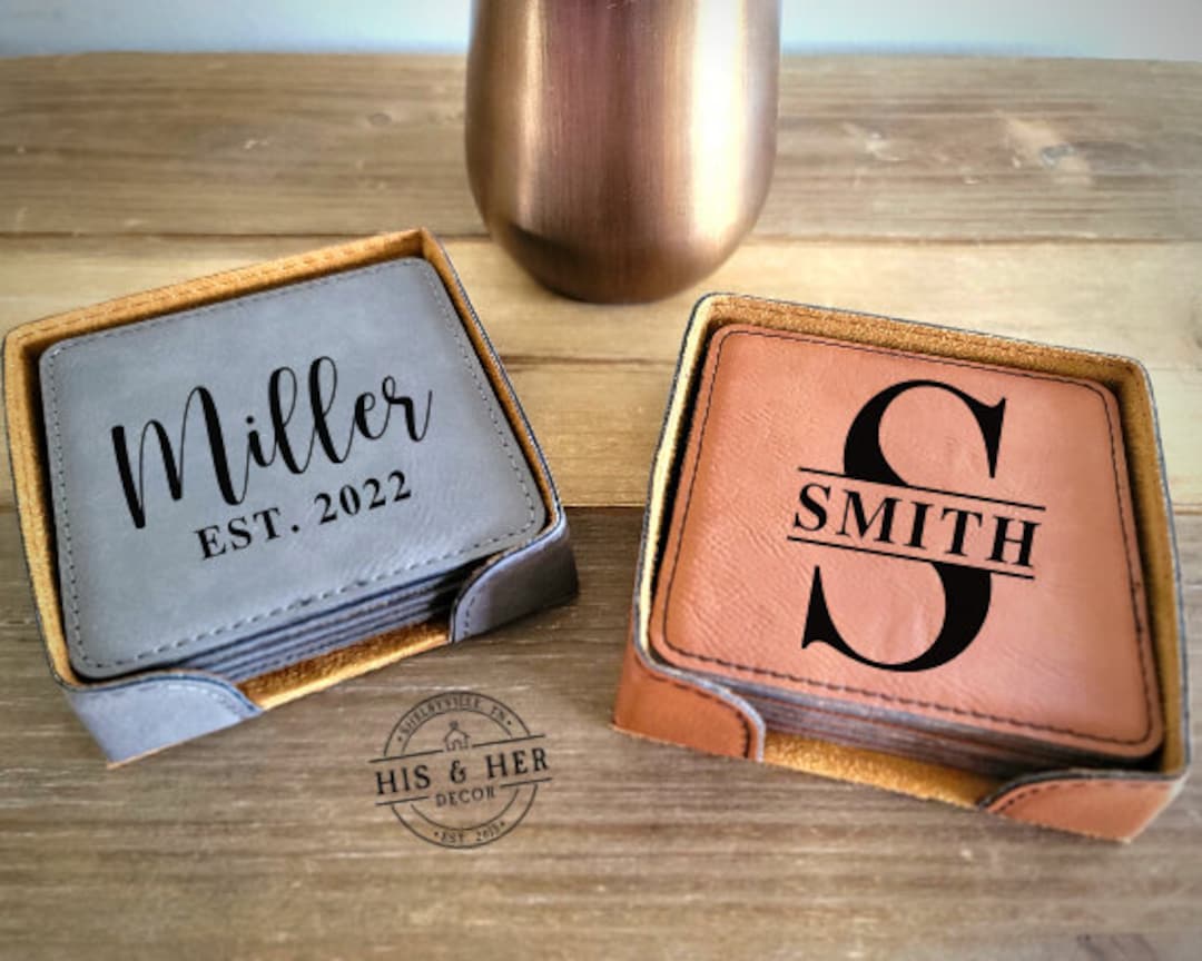 Set of 6 Leather Engraved Coasters Coasters Personalized Coaster Set