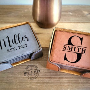 Set of 6 Leather Engraved Coasters | Coasters Personalized | Coaster Set | Leather Coasters | Monogram Initial Coaster Gift | Drink Coasters