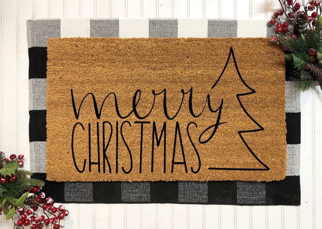 Merry Christmas Tree Door Mat, Christmas Doormat, Holiday Doormat