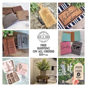 May include: A collage of personalized gifts, including a cutting board, passport holder, jewelry box, and a doormat. The gifts are all engraved with names and messages. The collage also includes a sign that says "Free Shipping on All Orders $35+ USD".