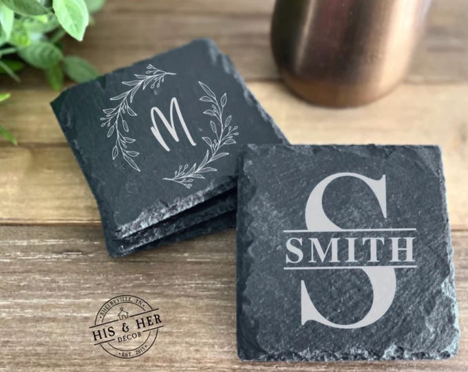 Set of 4 Slate Drink Coasters | Engraved Coasters | Custom Wedding Gift | Personalized Housewarming Gift Set | Monogram Stone Coasters