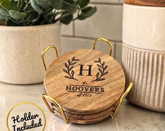 Custom Coasters With Holder, Home Decor, Personalized Wedding Gift, Wood Coaster, Engagement Anniversary Christmas Gift for Her, New Home