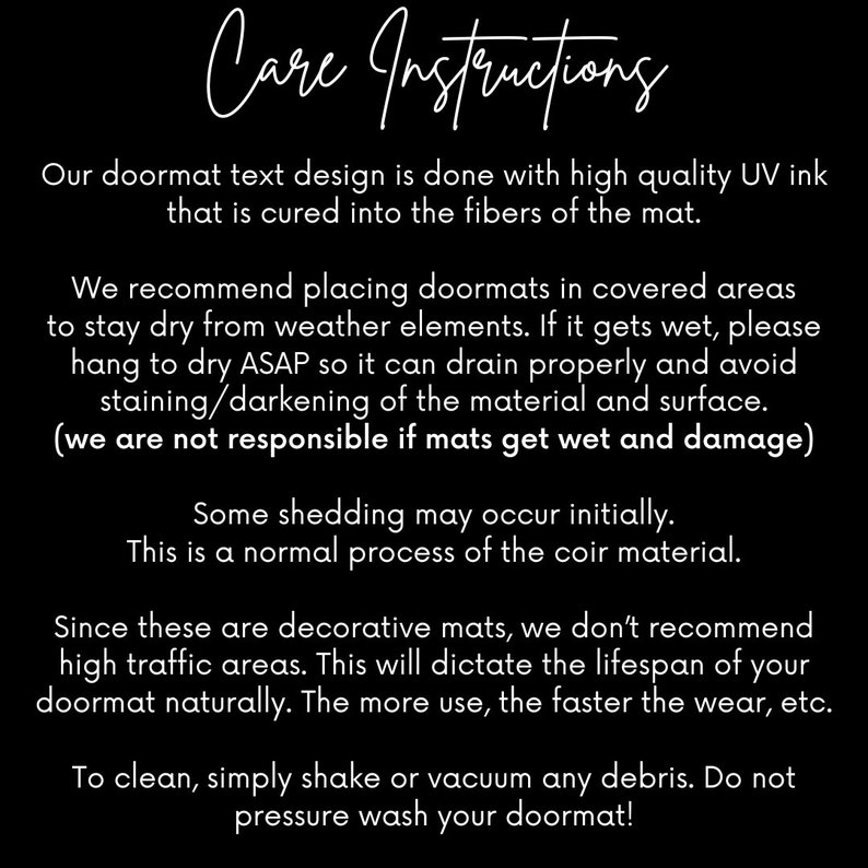 May include: Care instructions for a doormat. The text explains how to care for the doormat, including how to clean it and how to prevent damage. The text also mentions that the doormat is made of coir material.