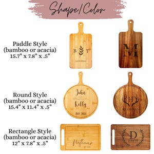 May include: A collection of wooden cutting boards in paddle, round, and rectangle styles. The boards are engraved with initials, names, and dates. Measurements are provided in inches: 15.7" x 7.8" x .5", 15.4" x 11.4" x .5", and 12" x 7.8" x .5".