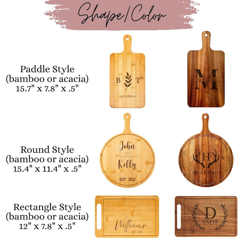 May include: A collection of wooden cutting boards in paddle, round, and rectangle styles. The boards are engraved with initials, names, and dates. Measurements are provided in inches: 15.7" x 7.8" x .5", 15.4" x 11.4" x .5", and 12" x 7.8" x .5".