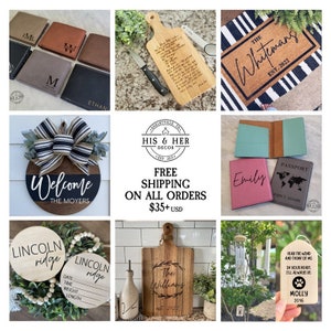 May include: A collage of personalised home decor items, including a welcome sign, a chopping board, a doormat, passport holders, and a wind chime. The items feature various names, dates, and designs.