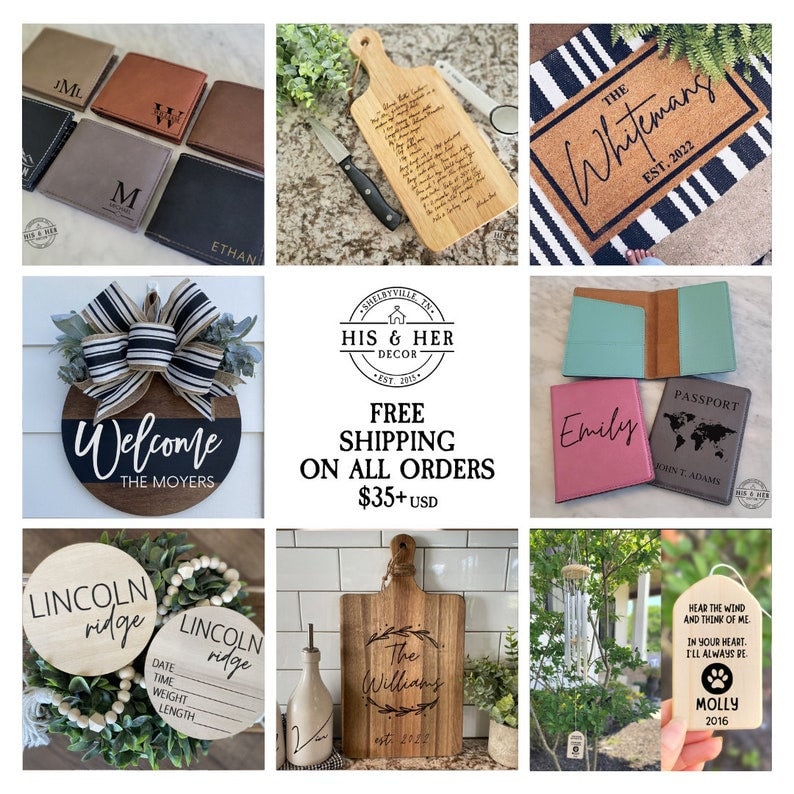 May include: A collage of personalised home decor items, including a welcome sign, a chopping board, a doormat, passport holders, and a wind chime. The items feature various names, dates, and designs.