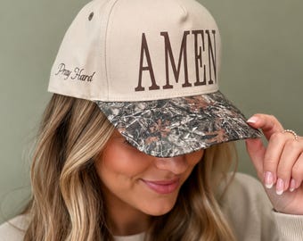 AMEN Canvas Two Toned Trucker Hat, Christian Faith Hat, Pray Hard Side Script, Adjustable Snapback, Gift for Her, Camo Checker Polka Dots
