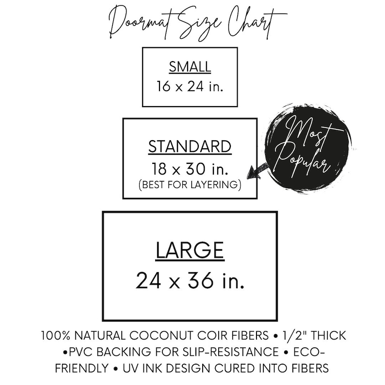 May include: A doormat size chart with three options: small (16 x 24 inches), standard (18 x 30 inches), and large (24 x 36 inches). The standard size is marked as the most popular. The doormats are made from 100% natural coconut coir fibers, are 1/2 inch thick, and have a PVC backing for slip-resistance.
