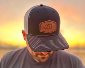 Mens Custom Hats, Leather Patch Trucker Hat, Gifts For Him, Business Logo Hat, Richardson 112, Company Logo Hat, Promotional Snapback Hat