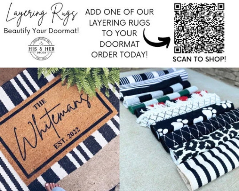 May include: A brown coir doormat with black and white stripes and the text "The Whitemans EST. 2022" in black. The doormat is layered on top of a black and white striped rug. The image also shows a variety of other black and white rugs with different patterns.
