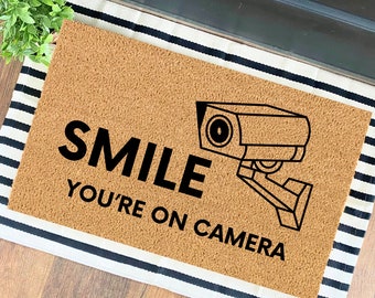 Smile You're On Camera | Funny Doormat | Housewarming Gift | Welcome Mat | Custom Door Mat | Door Mat | Funny Gifts | Closing Gift