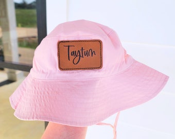 Personalized Kids Leather Patch Sun Hat | Kids Bucket Hat | Baby Gift | Unisex Gift | Toddler Sun Hats | Baby Beach Hat | Baby Sun Hat |