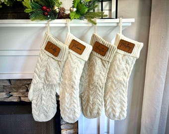 Personalisierter Weihnachtsstrumpf mit Namen, Benutzerdefinierte Familien Weihnachtsstrümpfe mit Lederpatch, 18-Zoll-Strickstrümpfe, Feiertags Geschenke