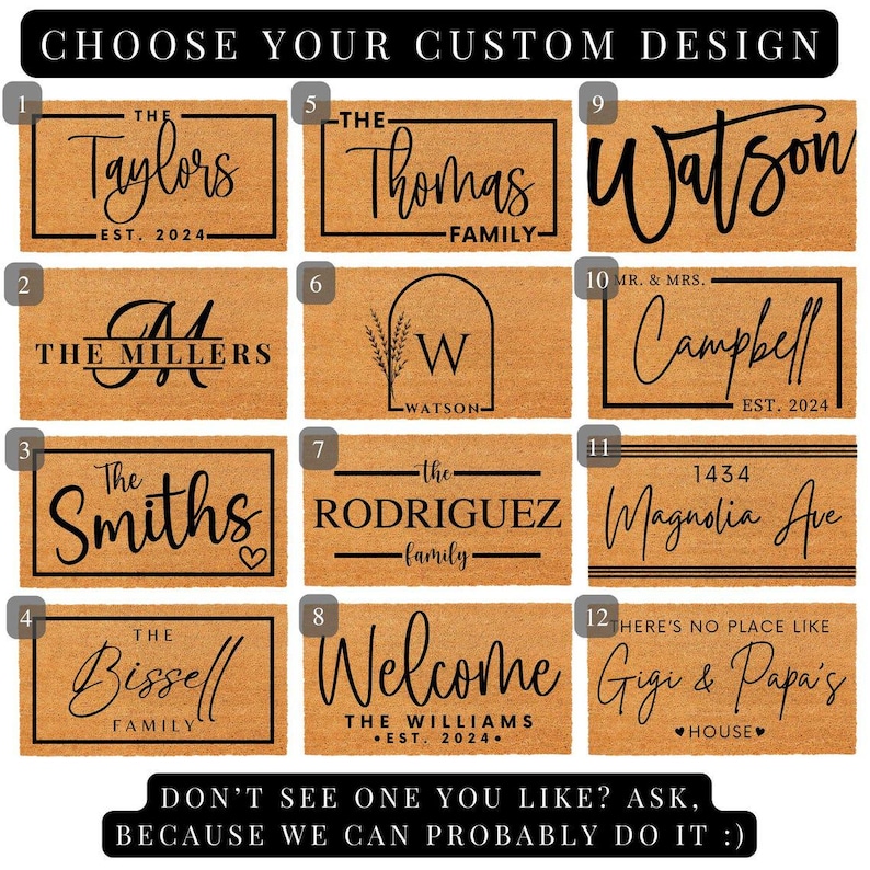 Puede incluir: Una selecci&oacute;n de felpudos personalizados con varios nombres de familia y frases en letras negras sobre un fondo de fibra de coco natural. Los dise&ntilde;os incluyen "The Taylors", "The Millers", "The Smiths" y "Welcome".
