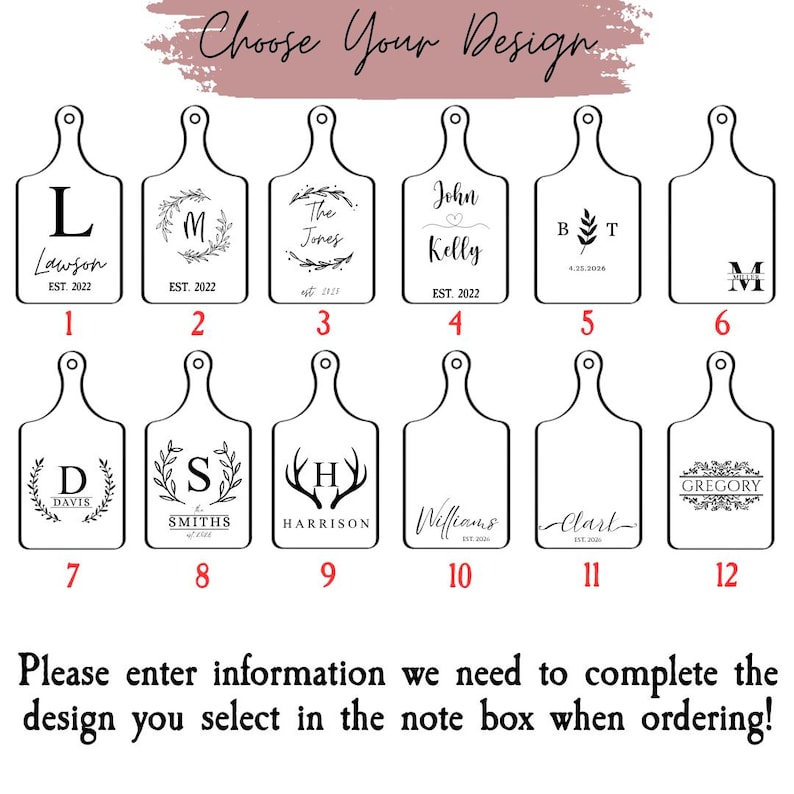 May include: A selection of twelve wooden cutting boards with various personalized designs. Each board features a different initial, name, or family name, along with decorative elements and the year established. The text "Choose Your Design" is at the top.