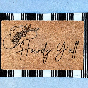 Western Howdy Y&#39;all Doormat | Floral Boho Decor | Housewarming Gift | Welcome Mat | Western Door Mat | Welcome Doormat | Custom Home Doormat