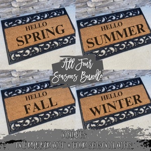 May include: Four seasonal doormats with the greetings "Hello Spring", "Hello Summer", "Hello Fall", and "Hello Winter". Each mat has a brown coir center and a black decorative border. The bundle includes one rubber mat and four seasonal mats.