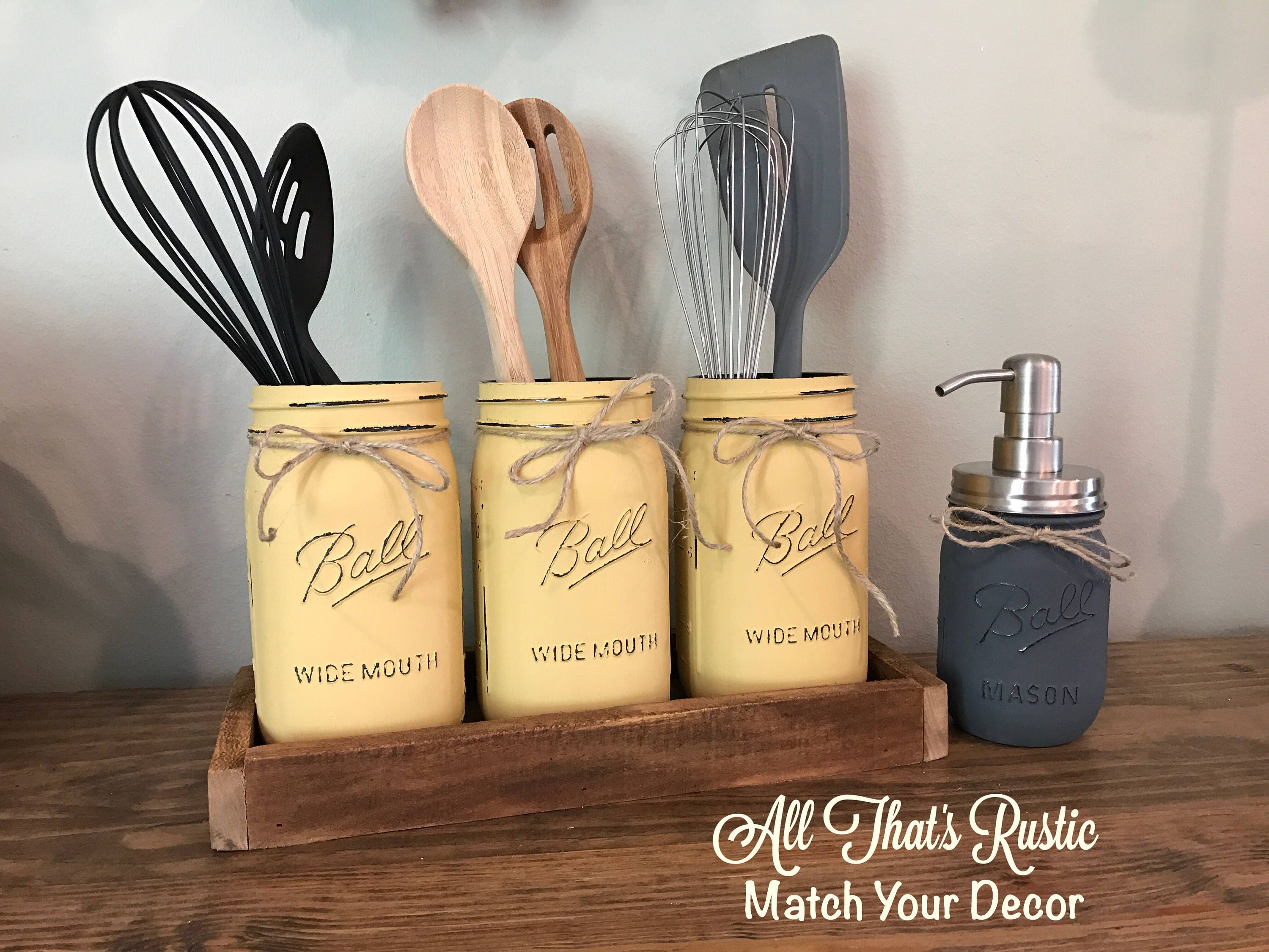 Rustic Utensil Holder Mason Jar Utensil Holder Utensil Etsy