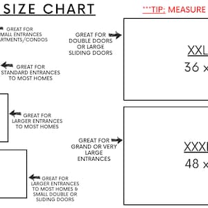 May include: Doormat size chart with measurements in inches.  The chart shows different sizes of doormats, from small to extra extra large, with descriptions of where each size is best suited.  The chart includes the following sizes: Small (16 x 24 in), Standard (18 x 30 in), Large (24 x 36 in), X-Large (24 x 48 in), XX-Large (36 x 72 in), and XXX-Large (48 x 72 in).