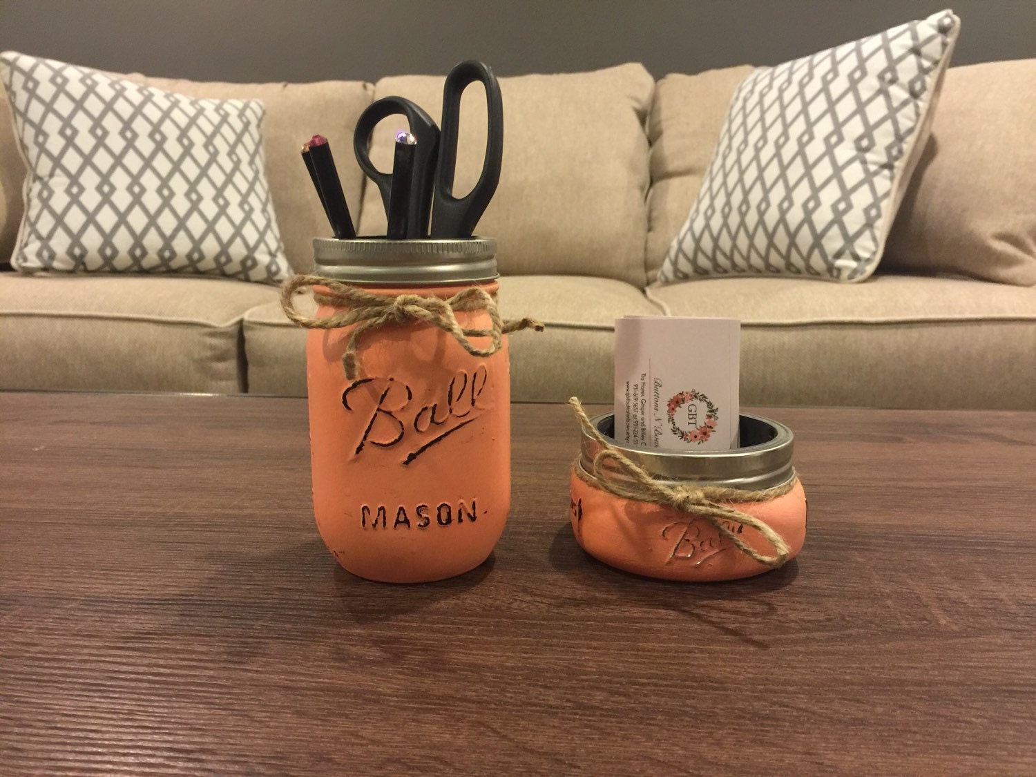 Rustic Office Decor Mason Jar Desk Organizer Business Card Holder Teacher Gift
