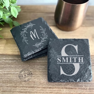 Set of 4 Slate Drink Coasters | Engraved Coasters | Custom Wedding Gift | Personalized Housewarming Gift Set | Monogram Stone Coasters