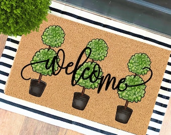 Boxwood Topiary Welcome Doormat | Housewarming Gift | Spring Home Decor | Boxwood Greenery Decor | Farmhouse Decoration | Welcome Door Mat