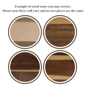 May include: An image showcasing four circular examples of wood tones, each within a brown-lined circle. The wood tones vary in color, ranging from light beige to dark brown. Text at the top states, "Example of wood tones you may receive."