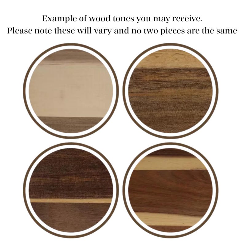 May include: An image showcasing four circular examples of wood tones, each within a brown-lined circle. The wood tones vary in color, ranging from light beige to dark brown. Text at the top states, "Example of wood tones you may receive."