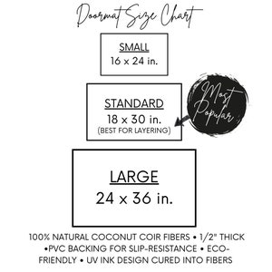 May include: A doormat size chart with three options: small (16 x 24 inches), standard (18 x 30 inches), and large (24 x 36 inches). The standard size is marked as the most popular. The doormats are made from 100% natural coconut coir fibres, are 1/2 inch thick, and have a PVC backing for slip-resistance.